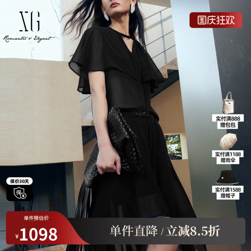 XG/雪歌XL226001A428黑色V领镂空衬衫网纱拼接半裙套装两件套女装