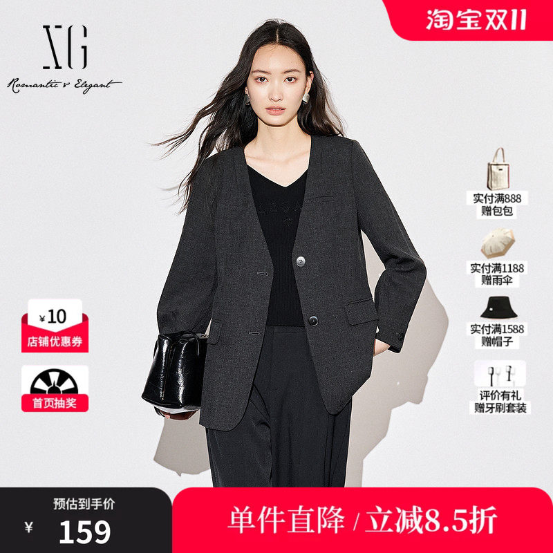 XG/雪歌XK307709A883翻袋长袖休闲西装时尚秋季新款深灰色外套女