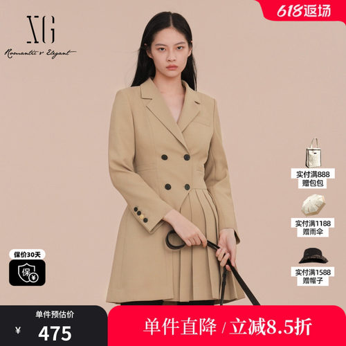 XG雪歌XK107010A173百褶拼接西装2025春季新款卡其色中长款外套女
