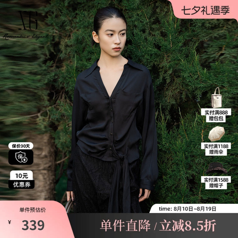 XG/雪歌XL121020A490醋纤翻领绑带衬衫黑色V领长袖收腰短上衣女装