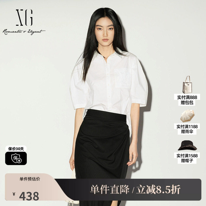 XG/雪歌 XL221036A251白色短袖polo领衬衫直筒泡泡袖刺绣上衣女装
