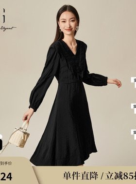 XG/雪歌XJ104024A190荷叶边长袖连衣裙时尚春季新款黑色A字裙女装