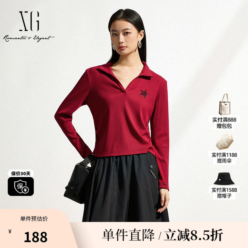 XG雪歌XK101017A113红色长袖T恤2025春季新款V领淑女风套头上衣女
