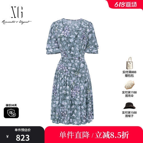 XG/雪歌XL204053BE93 碎花V领短袖连衣裙收腰A字伞裙休闲薄款女装