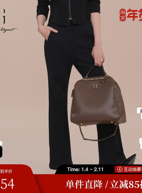 XG雪歌XK102021A190淑女风休闲裤2025春季新款黑色宽松微喇长裤女