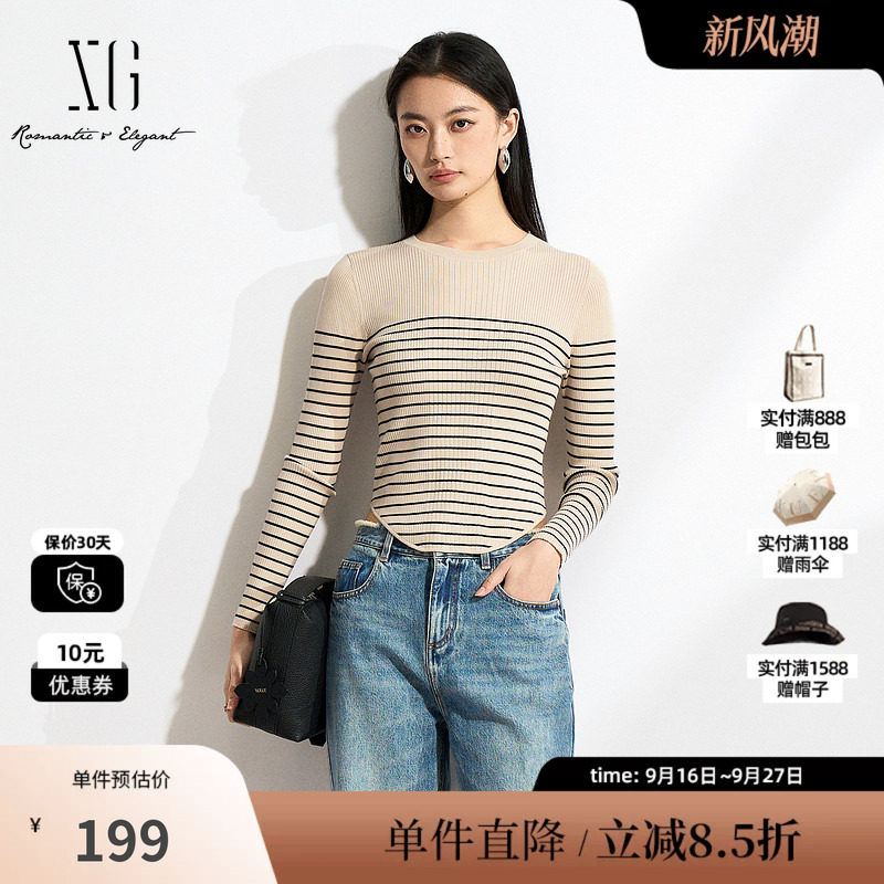 XG/雪歌XK111504A891 莱赛尔条纹针织衫米色圆领套头毛衣打底修身
