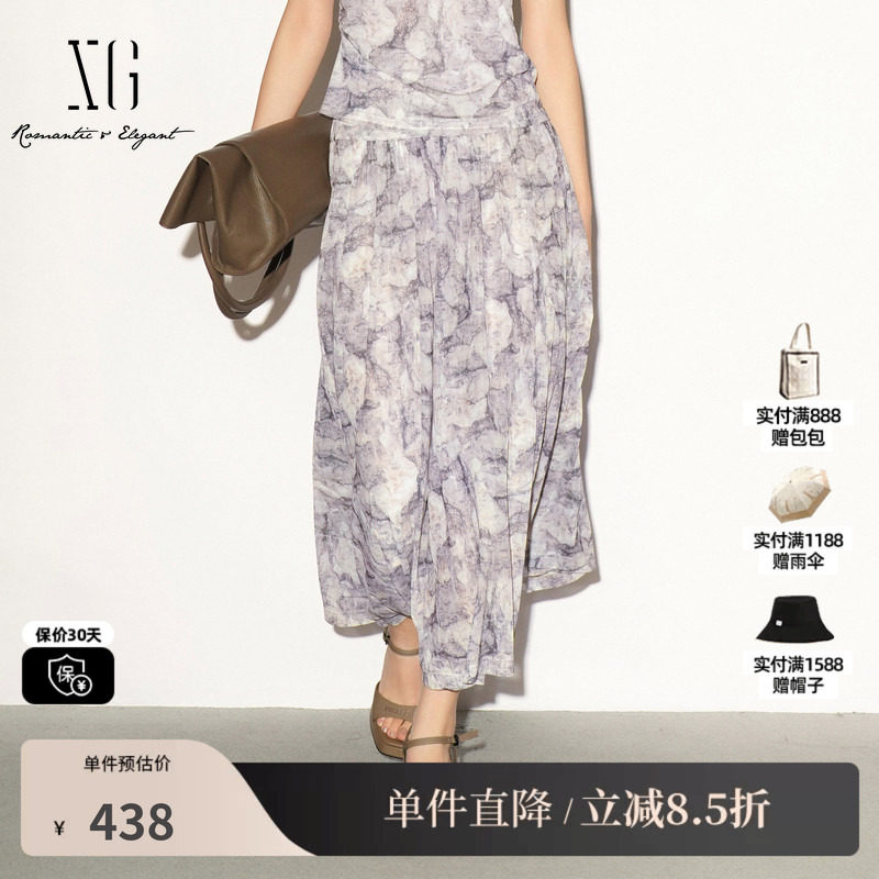 XG/雪歌XL203025BE96民俗花版A字半身裙松紧中腰薄款长款伞裙女装