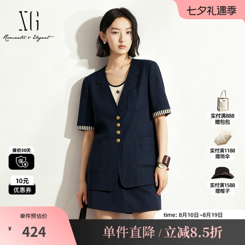 XG/雪歌XK307712A828藏青色条纹翻边短袖V领西装外套直筒休闲女装
