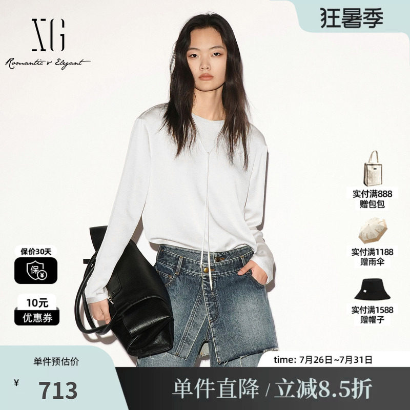 XG/雪歌 XL321009A291米白色系带圆领长袖套头衬衫宽松直筒简约女