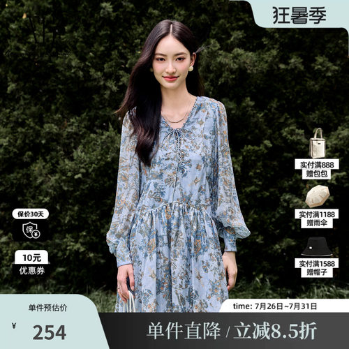 XG/雪歌XJ304008B197碎花长袖连衣裙 时尚秋季新款绑绳醋纤短裙女