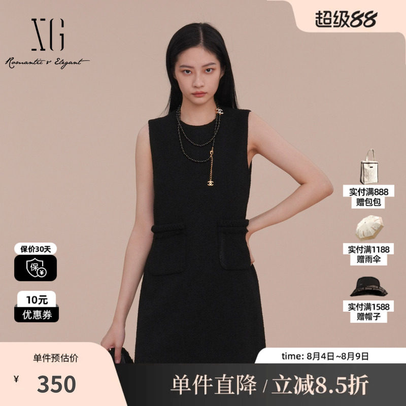 XG/雪歌XK104007A290黑色无袖连衣裙2025春季新款套头A字短裙女装