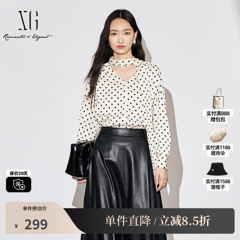 XG/雪歌XK321011B692波点长袖衬衫2025秋季新款绑带设计V领上衣女