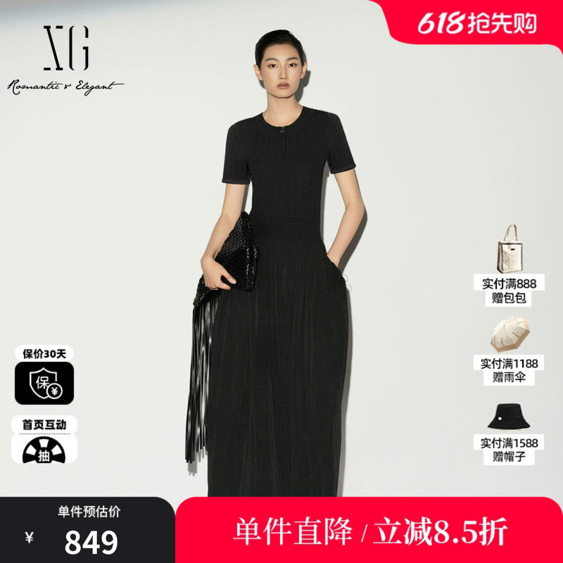 XG/雪歌XL204011A190黑色假两件短袖连衣裙圆领修身针织A字伞裙女