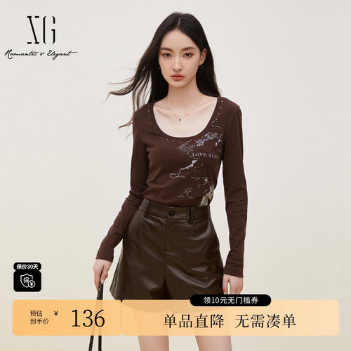 XG/雪歌XK301718A871红咖色印花长袖T恤时尚秋季新款短款上衣女装
