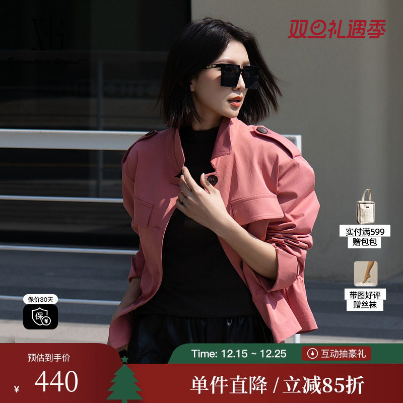 XG/雪歌XK308006A318短款长袖休闲风衣2025秋季新款收腰外套女装