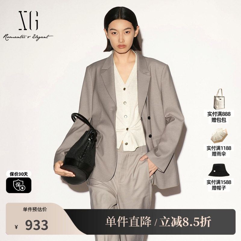 XG/雪歌 XL307012A309咖色拼接假两件翻领西装外套直筒通勤风女装