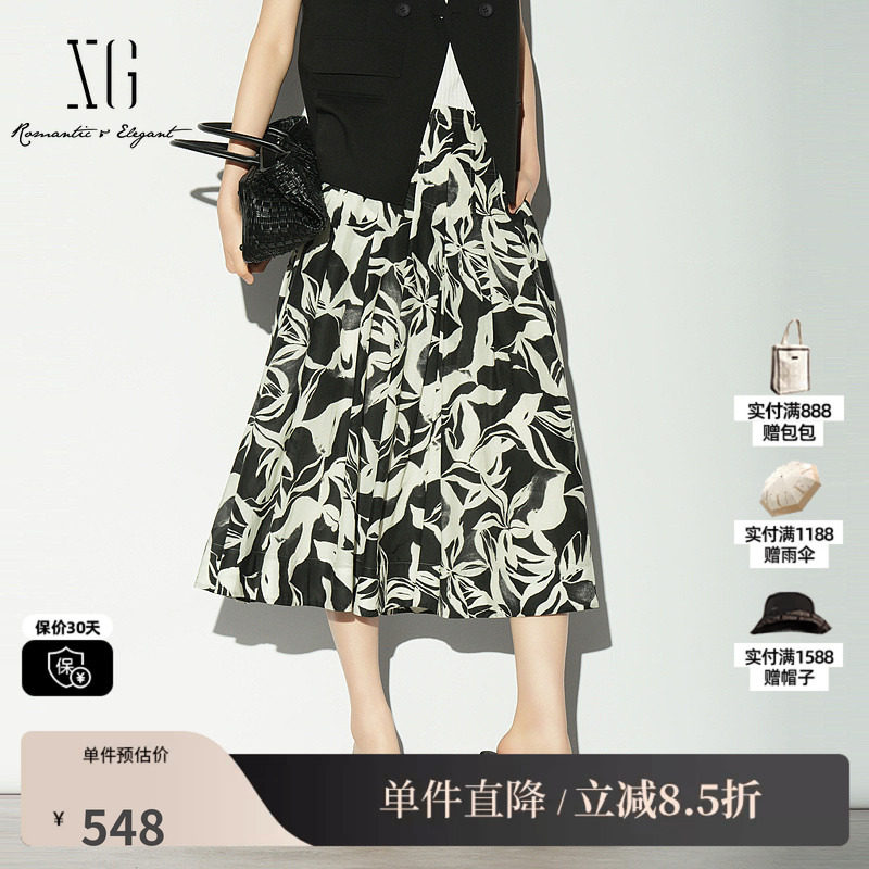 XG/雪歌XL203014B293黑白花版棉感半身裙高腰A字百褶中长伞裙女装