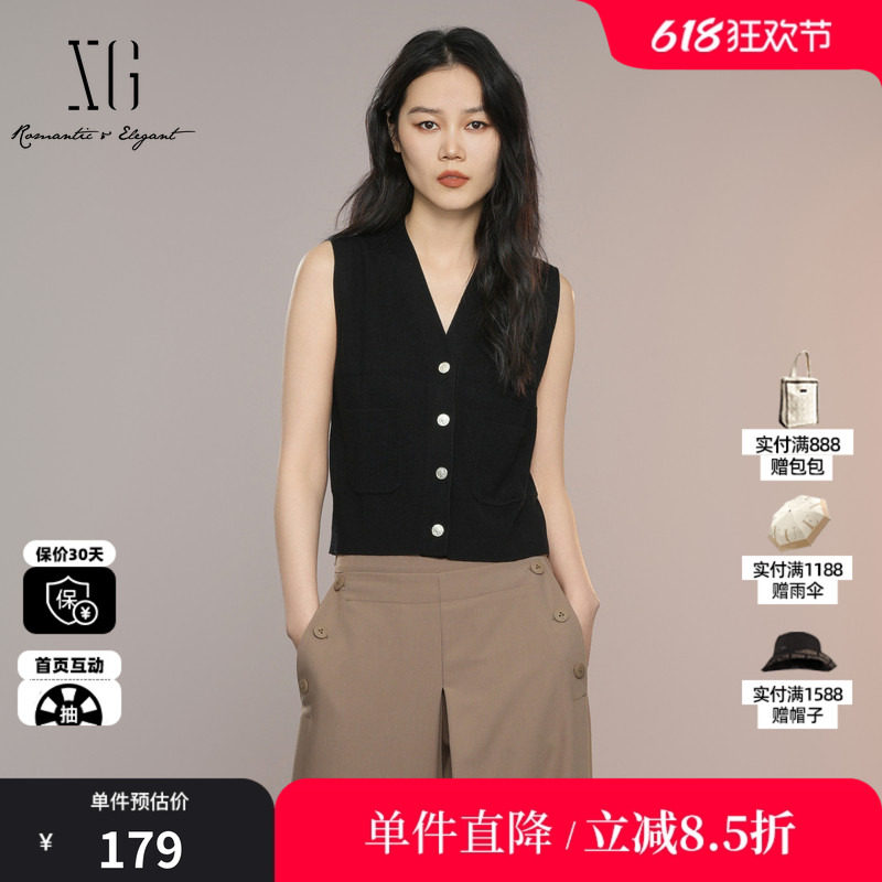 XG/雪歌XK311009A190黑色V领无袖针织马夹背心直筒修身内搭马甲女