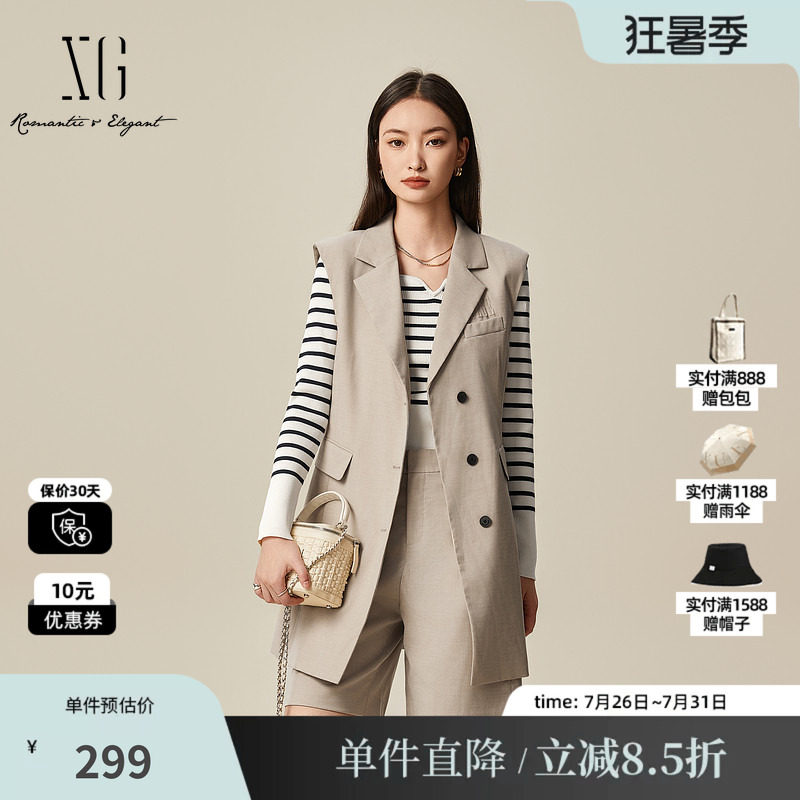 XG雪歌XL104019A473卡其色收腰连衣裙2025秋季新款通勤西装短裙女