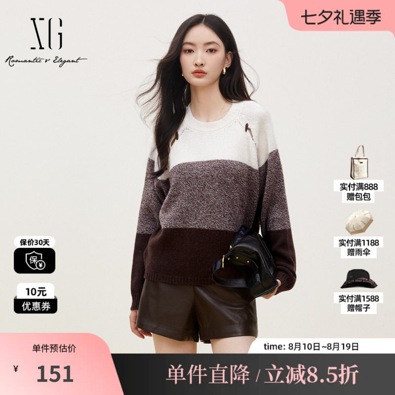 XG雪歌XK311701B898拼色镂空毛针织衫时尚秋季新款纯绵羊毛毛衫女