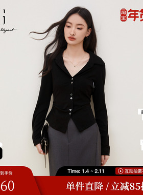 XG雪歌XK321721A890黑色翻领长袖衬衫时尚秋季新款修身通勤上衣女