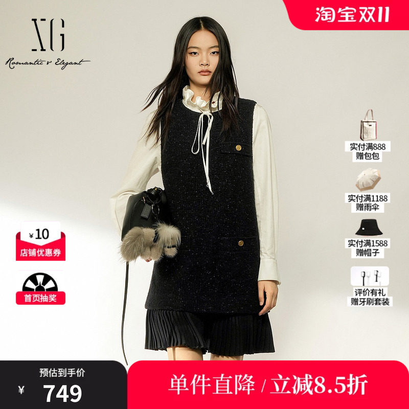 XG/雪歌 XL404003B790黑色羊毛混纺小香风拼接无袖直筒连衣裙女装