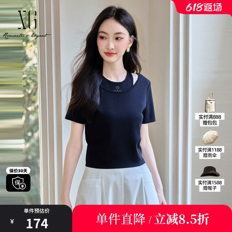 XG/雪歌XK211575A890假两件毛针织衫时尚夏季新款薄款短袖上衣女