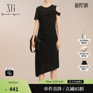 短袖 新款 中长裙女 雪歌XK204030A290露肩不规则连衣裙2025春季