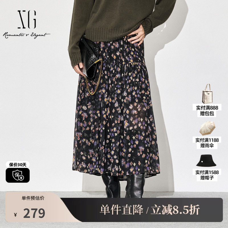 XG/雪歌XL303870A806淑女风印花半身裙2025秋季新款宽松A字裙女装