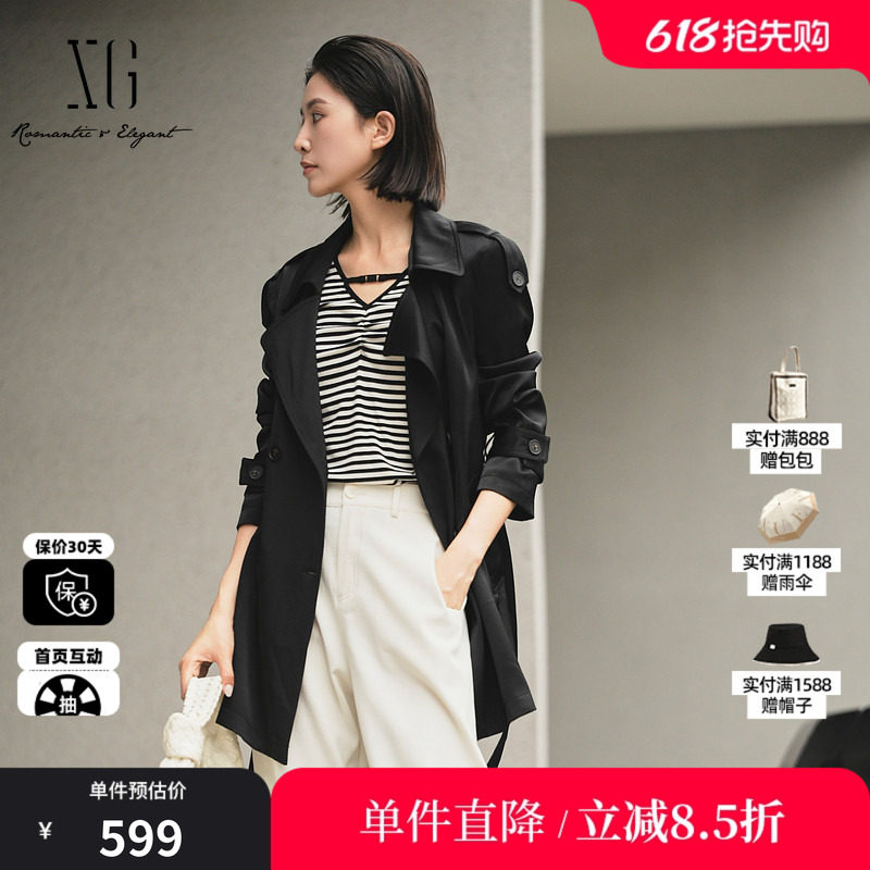 XG/雪歌XK308012A290黑色休闲风衣2025秋季新款中长款长袖外套女