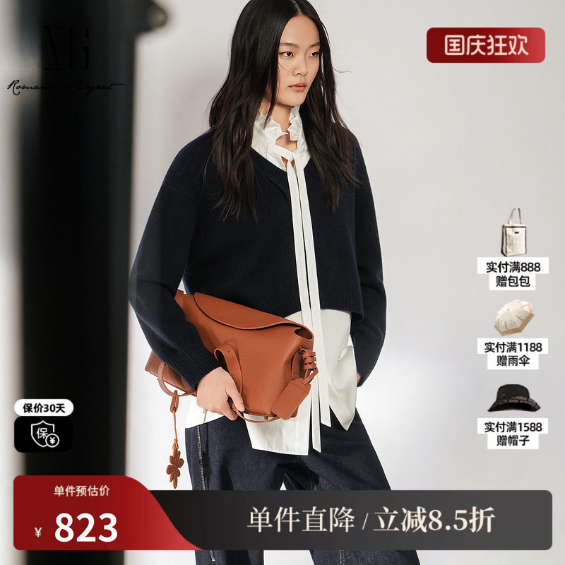 XG/雪歌 XL411039B328藏青色莱赛尔圆领针织绑带棉衬衫两件套女