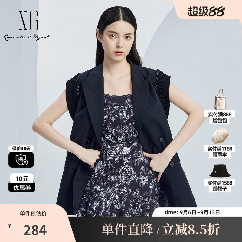 XG雪歌XJ324003A290黑色通勤马夹2025秋季新款长款西装马甲外套女
