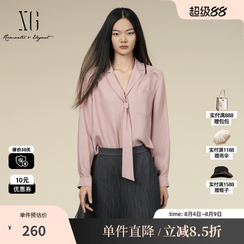 XG/雪歌XK321010A318粉色醋纤长袖衬衫2025秋季新款系带领上衣女