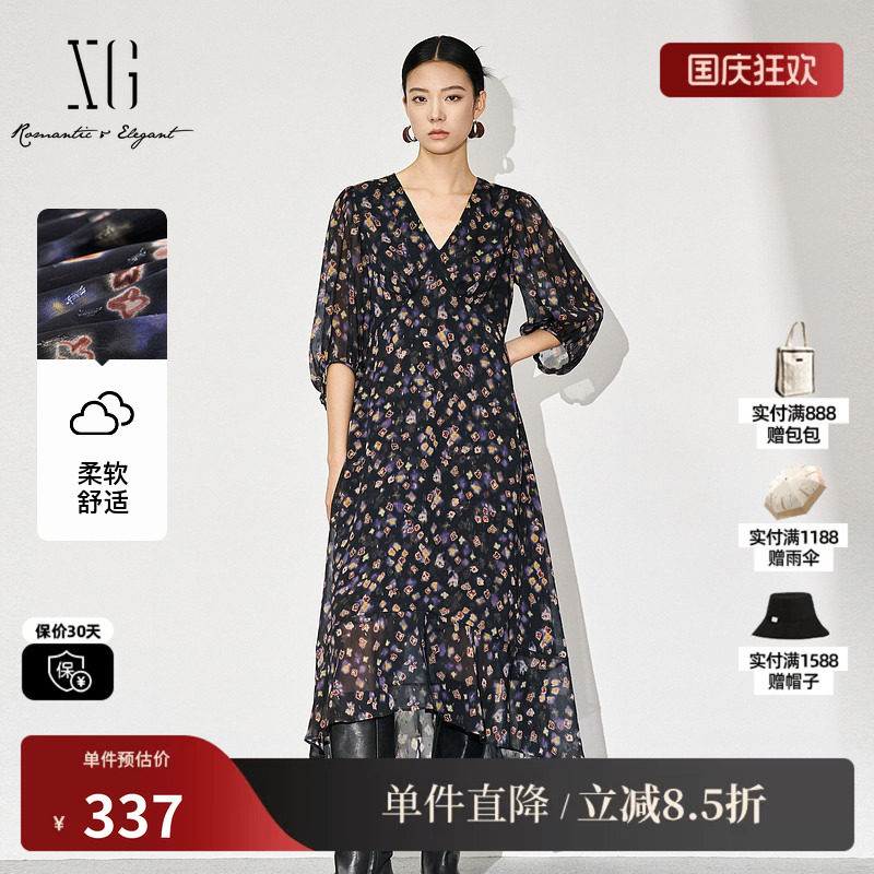 XG/雪歌XL304869A806七分袖连衣裙2025秋季新款高腰印花中长裙女