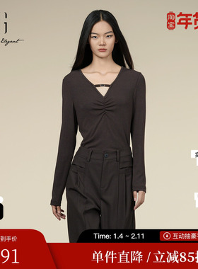 XG/雪歌XK301011A372咖色长袖T恤2025秋季新款镂空设计修身上衣女