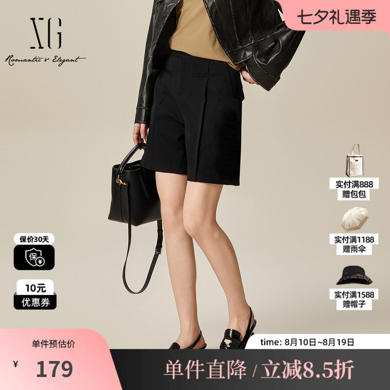 XG/雪歌XL102003A390五分休闲中裤2025秋季新款黑色直筒短裤女装