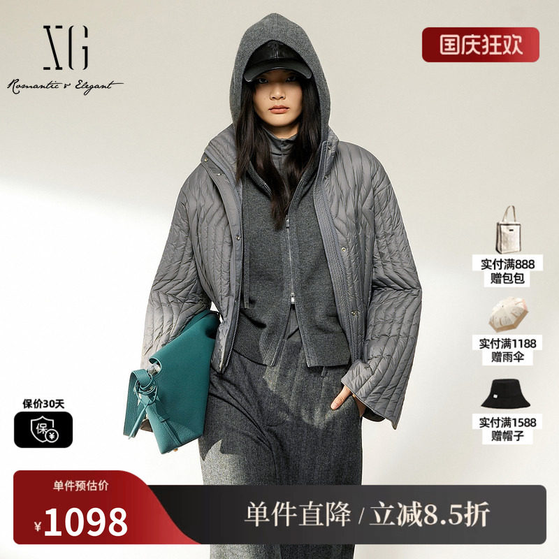 XG/雪歌 XL406004A184灰色翻领直筒白鸭绒羽绒服短款保暖外套女装