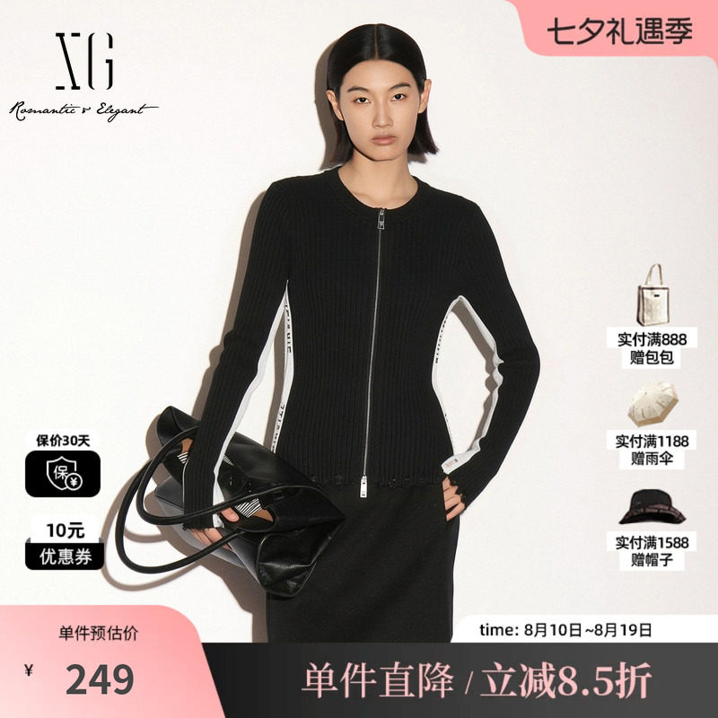 XG/雪歌 XK311682A890黑色圆领破洞撞色长袖针织衫修身拉链开衫女