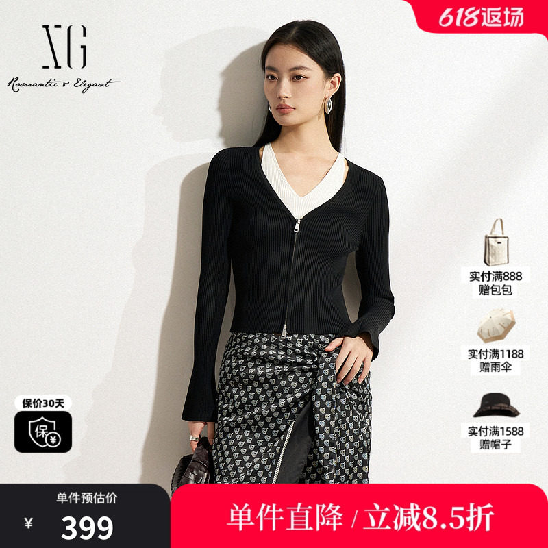 XG/雪歌XK111502A890 黑白色假两件针织衫修身显瘦套头长袖毛衣女