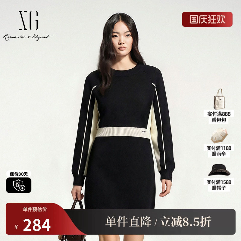 XG/雪歌 XJ411807A890黑色100%绵羊毛长袖撞色针织直筒连衣裙女装