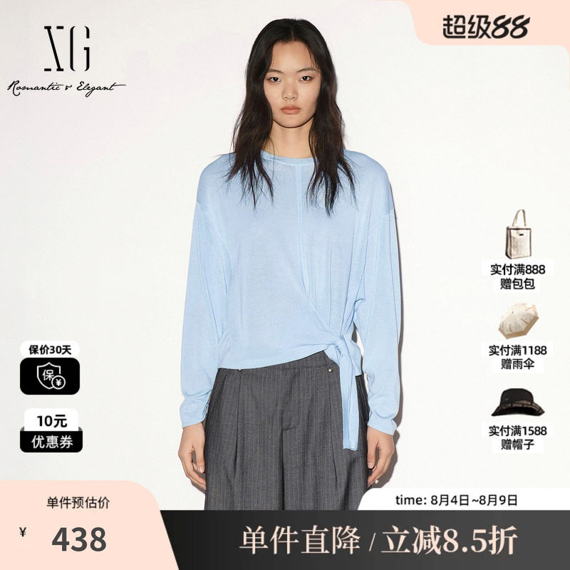 XG/雪歌 XL311023A220浅蓝色棉感圆领绑带长袖针织衫落肩休闲女装