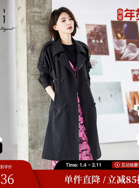 XG/雪歌XJ108008A390中长款休闲风衣2025春季新款黑色翻领外套女