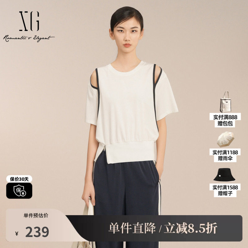 XG/雪歌XK221033A651白色圆领短袖T恤拉链收腰镂空撞色休闲上衣女