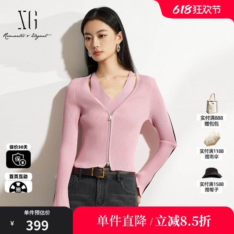 XG/雪歌XK111503A816 黑粉色假两件针织衫修身显瘦套头长袖毛衣女