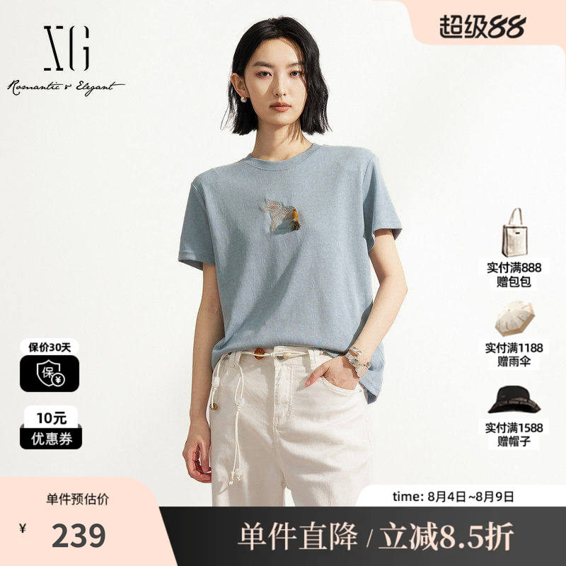 XG/雪歌XM201623A827灰蓝色棉感小马刺绣流苏短袖T恤休闲简约女装