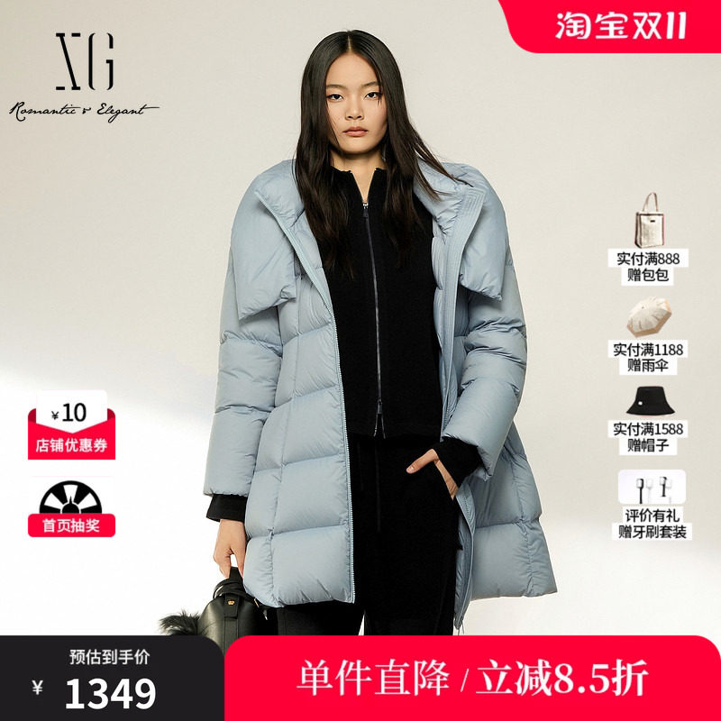 XG/雪歌 XL406003A527灰蓝色连帽中长直筒白鸭绒羽绒服加厚保暖女