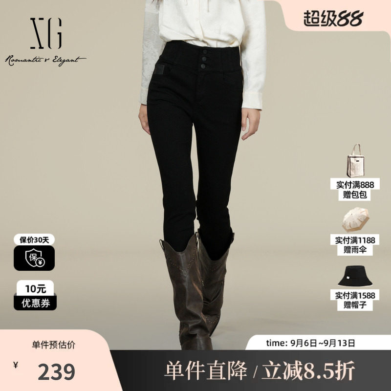 XG/雪歌 XK402031A190黑色棉感三粒扣高腰修身高弹铅笔牛仔长裤女