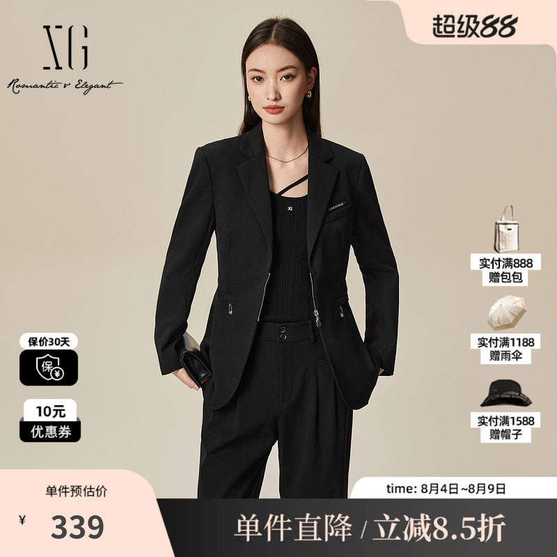 XG/雪歌XL107030A390黑色休闲西装2025秋季新款绵羊毛长袖外套女