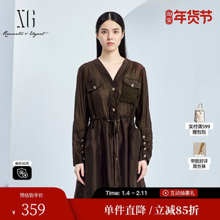 XG/雪歌XJ304013A572深咖色长袖连衣裙时尚秋季新款莱赛尔A字裙女