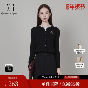 XG/雪歌XK411066A990黑色修身毛针织衫2025冬季新款假两件毛衫女